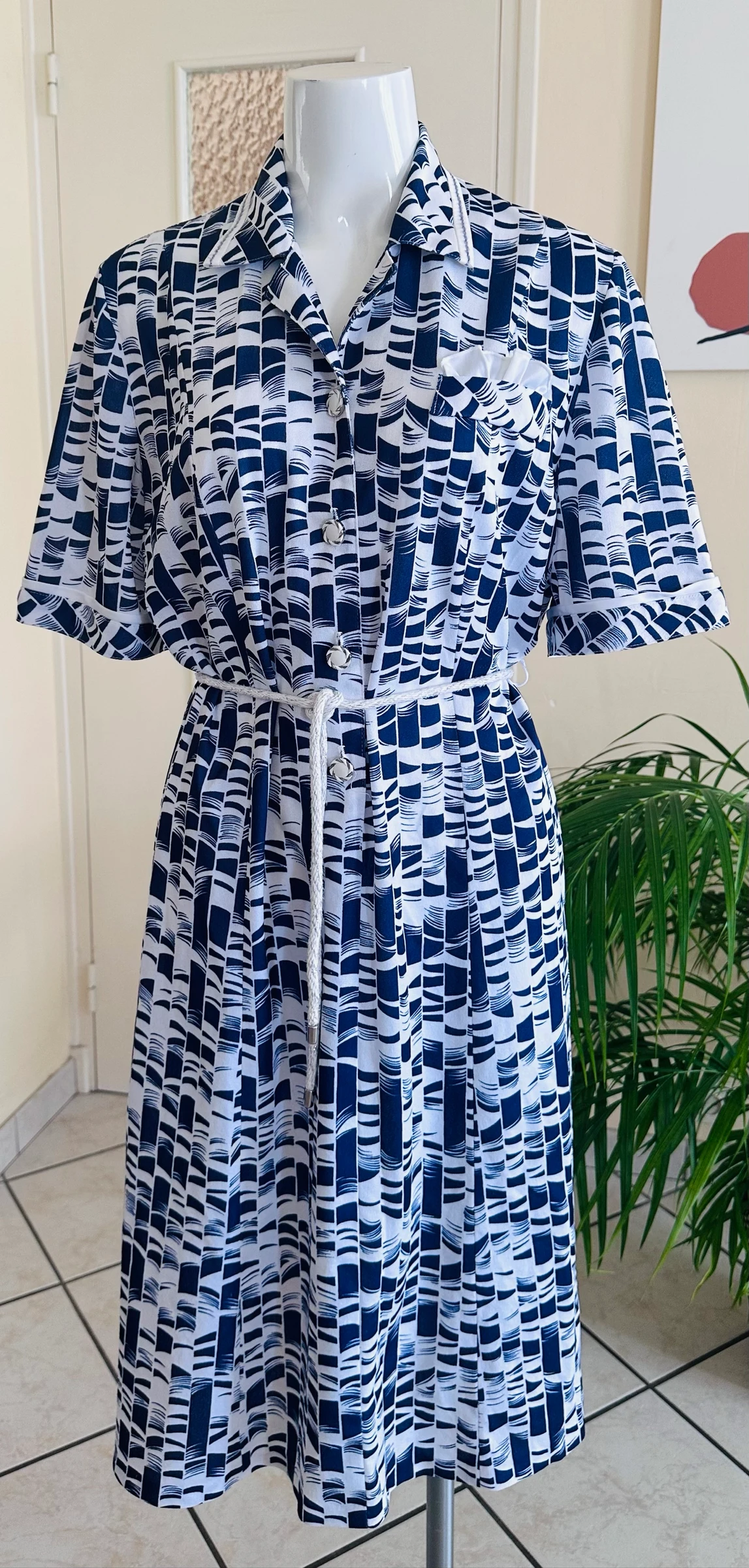 Vintage gebreide jurk marineblauw en wit maat 48/50 – Perfecte staat – photo 4